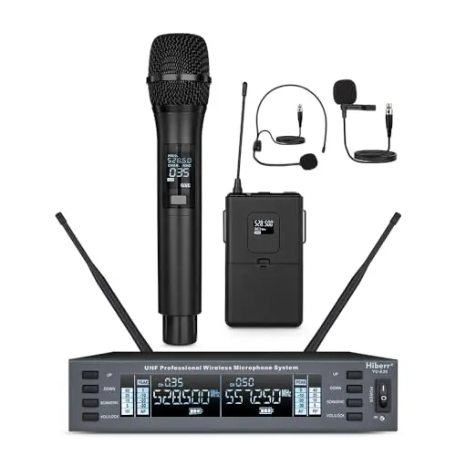 HIBERR UHF wireless microphone system with two handheld mics and receiver