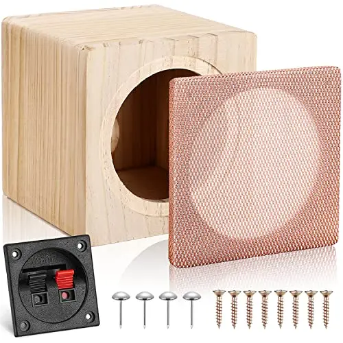 A small, square wooden speaker enclosure for a 5-inch driver, shown with a terminal cup.