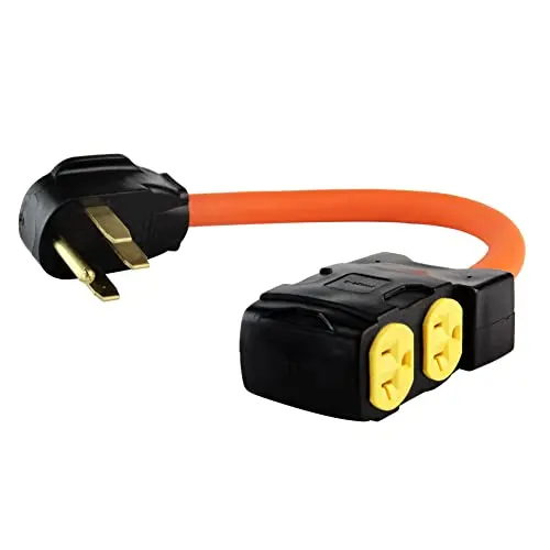 Orange PLIS heavy-duty 50-amp generator extension cord with a single outlet and surge protector.
