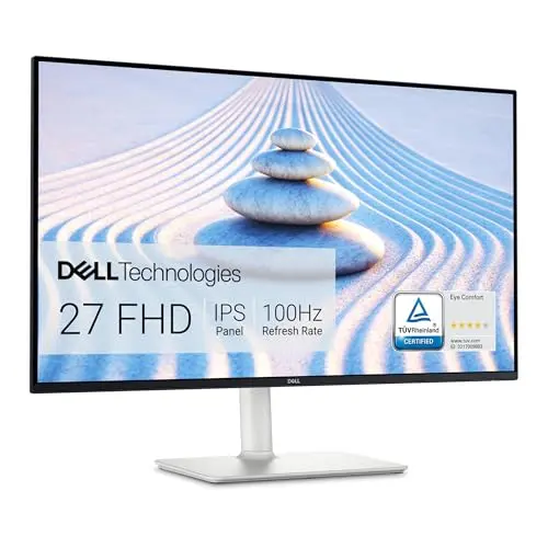 Dell 27-inch FHD monitor in white, showing engineering documentation and graphs
