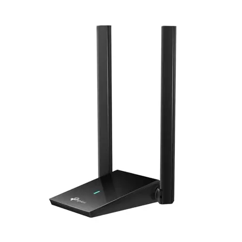 TP-Link Archer TX20U Plus WiFi 6 USB adapter with two adjustable antennas on a stand.