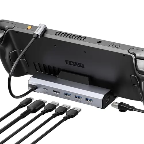 JSAUX Upgraded 6-in-1 Docking Station, showing its aluminum shell and array of ports including HDMI and three USB 3.0.
