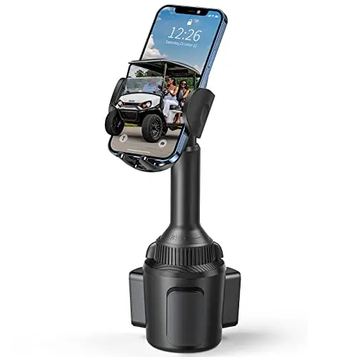 ICARMOUNT cup holder phone mount with telescopic arm extended in a golf cart