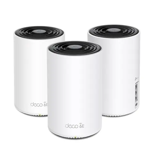 TP-Link Deco XE75 Tri-Band WiFi 6E Mesh System with three white tower units