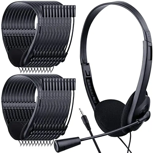 Yunsailing 30 pack of black classroom headphones with a plastic stem microphone