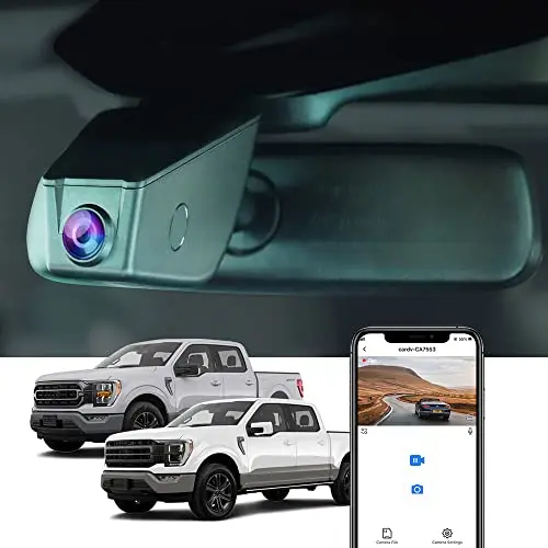 Fitcamx dash cam integrated into a Ford F150 rearview mirror housing