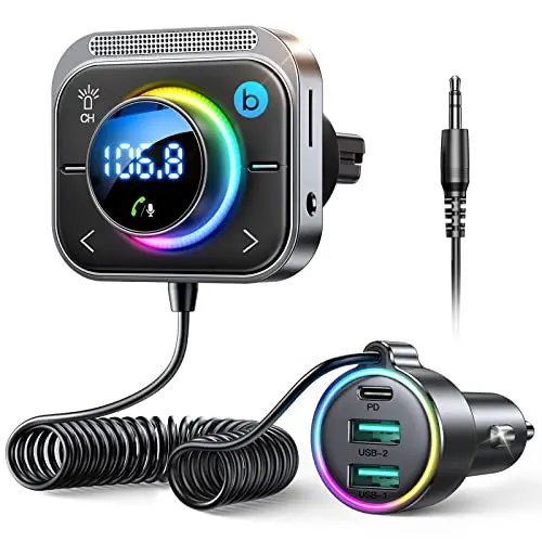 JOYROOM Bluetooth car adapter with air vent clip mount, featuring three charging ports and an AUX cable.
