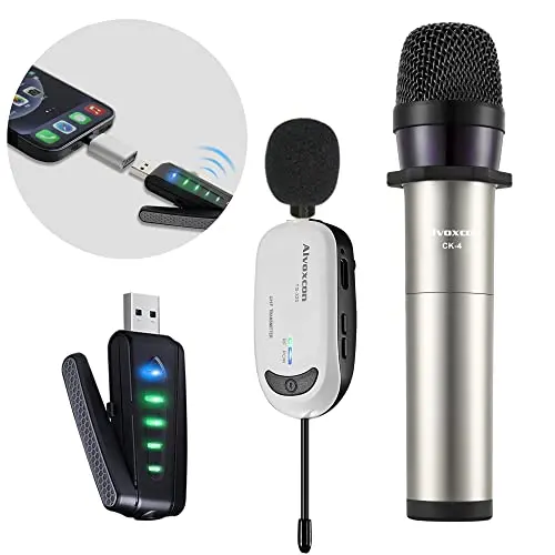 Alvoxcon black wireless USB microphone system with handheld mic, lapel mic, and USB receiver