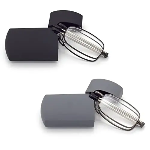 HIGHLIKE 2-pack of transparent lens foldable reading glasses in black and gunmetal with hard cases.
