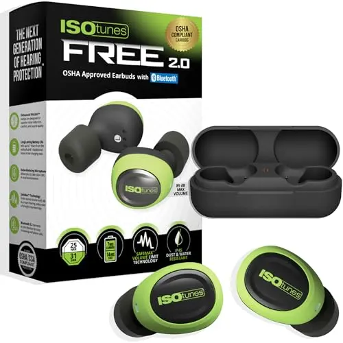 ISOtunes FREE 2.0 true wireless safety green earbuds and case