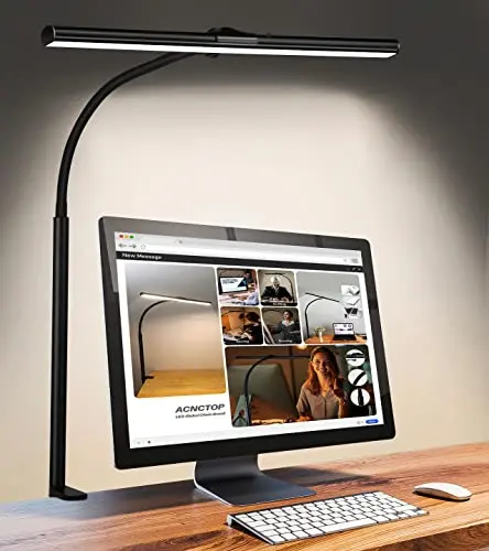 ACNCTOP black LED desk lamp with a long rectangular light bar, mounted with a clamp on a monitor.