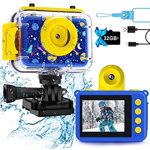 Dark blue GKTZ underwater camera for kids with flip lens shown