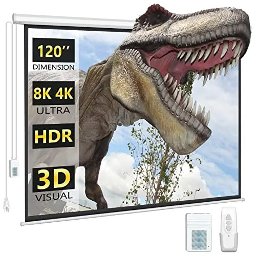 DINAH 120-inch electric drop-down projector screen mounted on a ceiling in a bright living room.