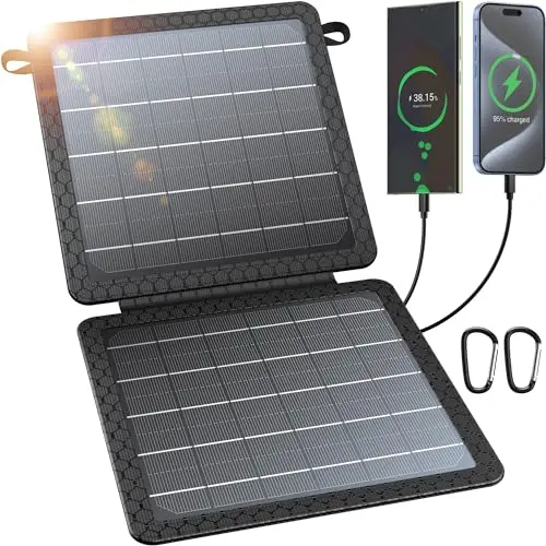 BLAVOR 10W orange foldable solar panel shown unfolded on a rock next to a backpack