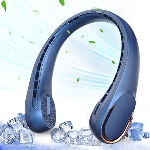 ASNUG blue bladeless neck fan being worn around a person's neck