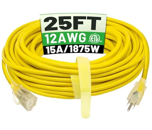 POWGRN 25-foot yellow outdoor heavy-duty extension cord with lighted end