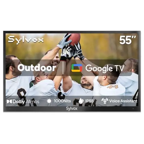 SYLVOX DeckPro series 55-inch outdoor television showing a clear picture in an outdoor setting