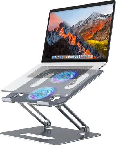 YICOSUN gray aluminum laptop cooling stand with two fans and RGB lighting.