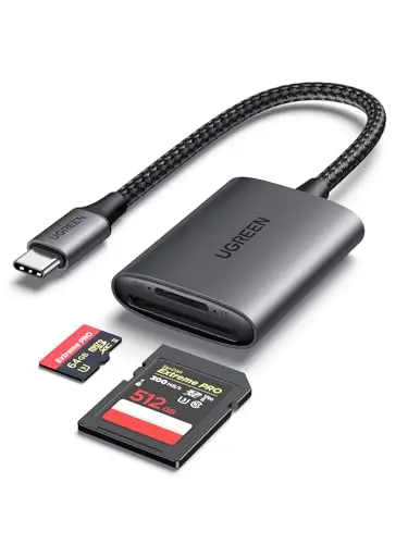 UGREEN USB-C SD 4.0 card reader with aluminum case connected to a MacBook Pro