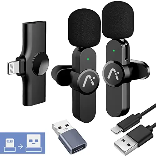 Aisizon A3d dual wireless lapel microphone system with two black clip-on mics and a receiver