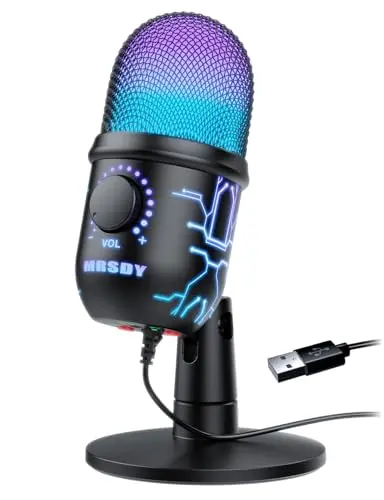 MRSDY USB gaming microphone with RGB lights and headphone jack on desk