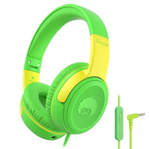 rockpapa Share 1 green and yellow over-ear kids headphones with share port.