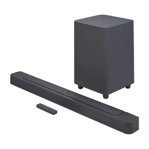 JBL Bar 500 soundbar and wireless subwoofer in a home theater setup