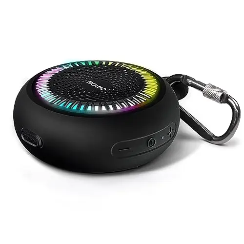 SOWO Soundwave Mini black cylindrical Bluetooth speaker with a carabiner clip.