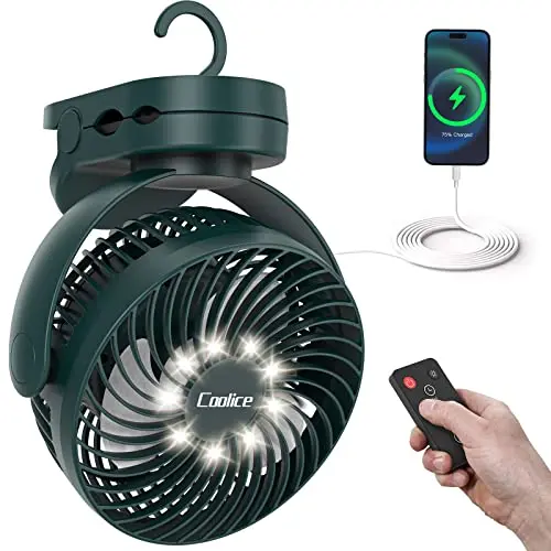 Coolice green camping fan with remote control stored in base