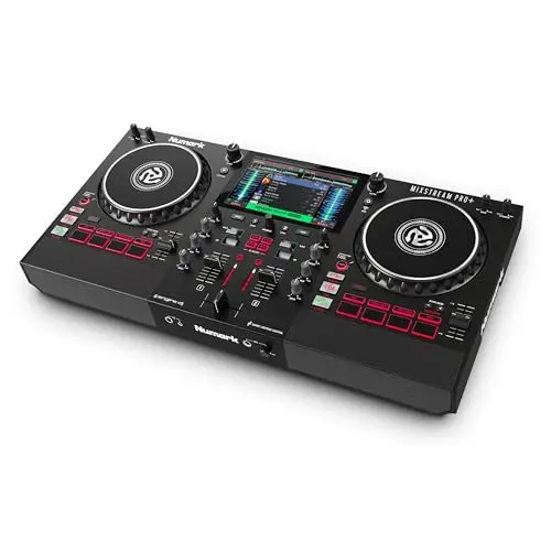 Numark Mixstream Pro+ standalone DJ controller with speakers and 7-inch screen