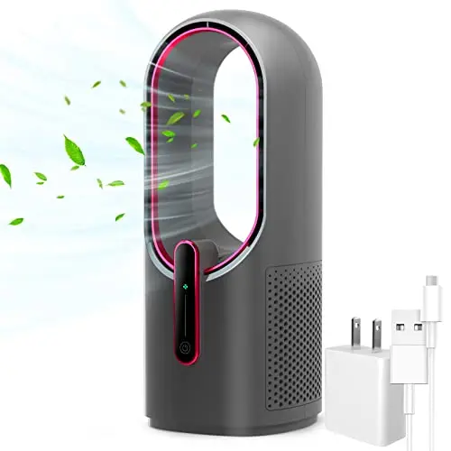 Gray and dark red KONSIDEN bladeless desk fan on a desk