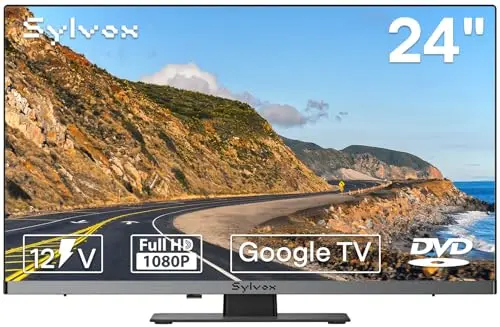 SYLVOX 22-inch 12 volt smart TV with stand in a camper