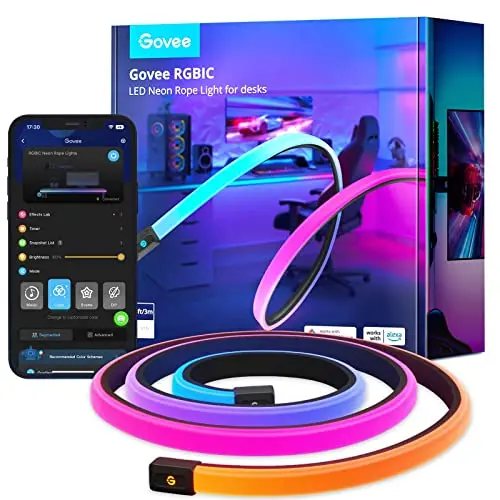 Govee RGBIC neon rope LED strip lights wrapped around a gaming desk edge