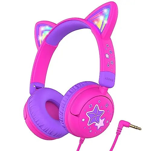 iClever Meow Lollipop cat ear kids headphones with LED lights in hot pink.