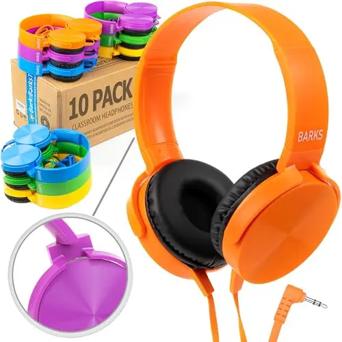 Barks Classroom Headphones 10-pack in mixed colors, showing on-ear design and flat tangle-free cables