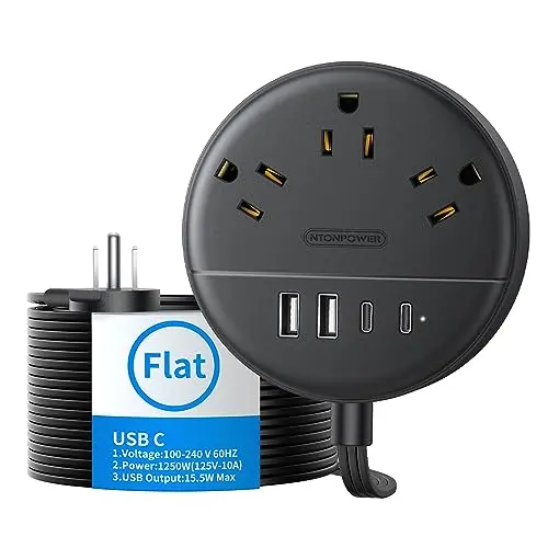 NTONPOWER 15-foot flat extension cord with USB-C ports, ideal for hiding under rugs.