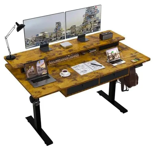 ExaDesk electric standing desk with four drawers and double shelves in rustic brown