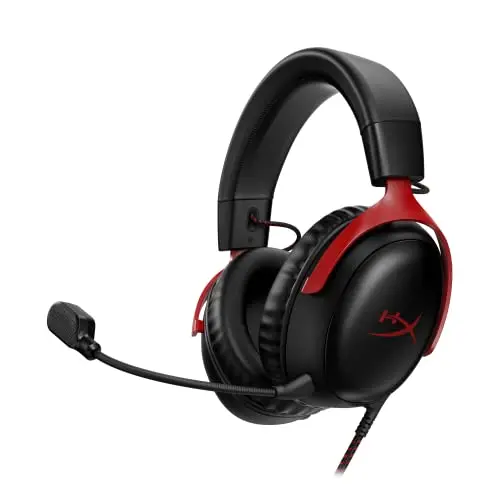 HyperX Cloud III wired gaming headset in black and red with a detachable microphone.
