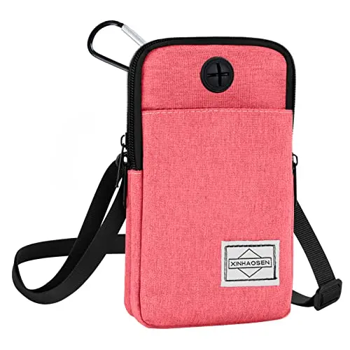 HOTEMIA cell phone purse in pink being carried as a crossbody bag, showing its multiple compartments and straps.