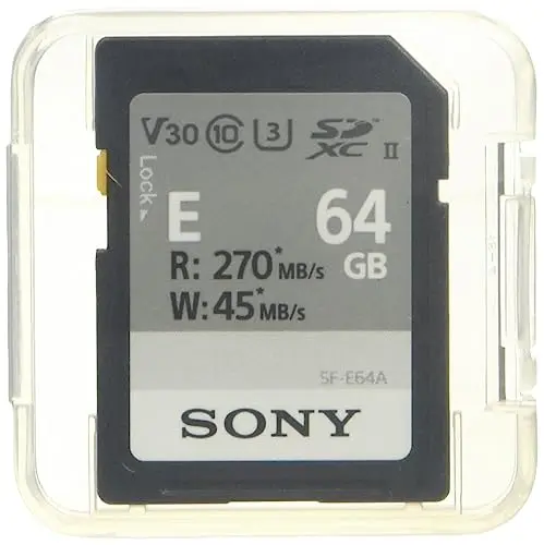 Sony E Series 64GB UHS-II SD card next to a Sony ZV-E10 II camera