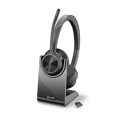 Poly Voyager 4320 wireless headset sitting on its charging dock