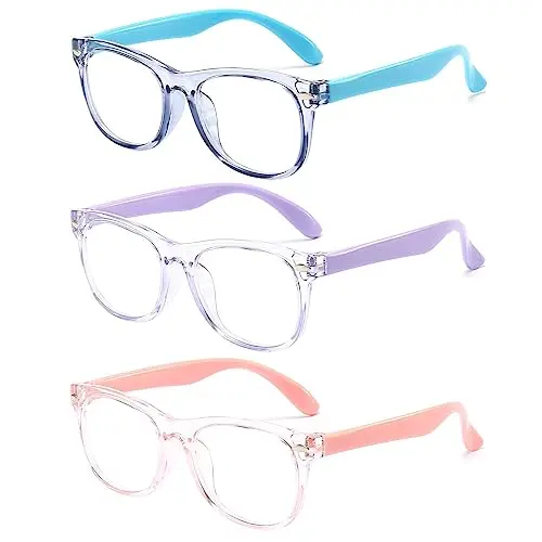 FANNYGO 3-pack kids blue light glasses in light blue, purple, and pink