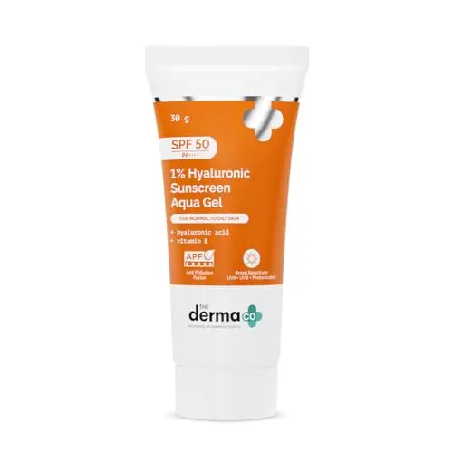 The Derma Co hyaluronic sunscreen aqua gel in a small blue and white tube