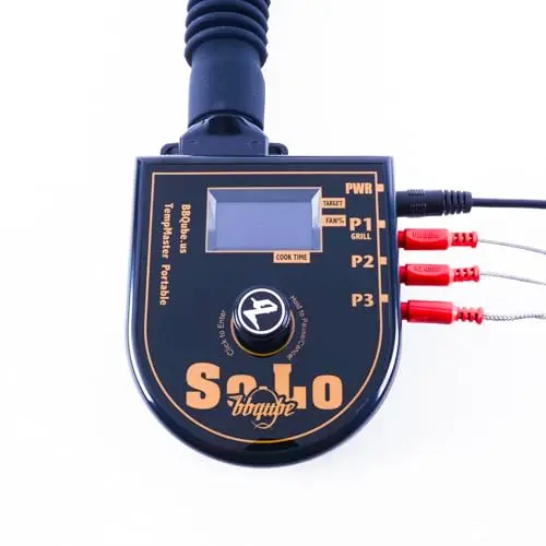 BBQube TempMaster Solo BBQ Temperature Controller with a large dial and green housing in a carry case