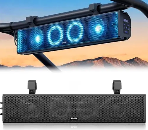 25-inch Ehaho UTV soundbar with RGB lighting mounted on a side-by-side roll cage