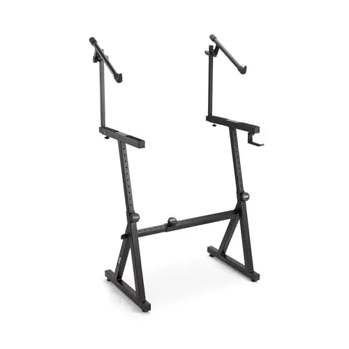 OnStage black two-tier Z-style keyboard stand holding two synthesizers