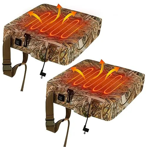 Two Barydat reed camouflage heated hunting seat cushions stacked