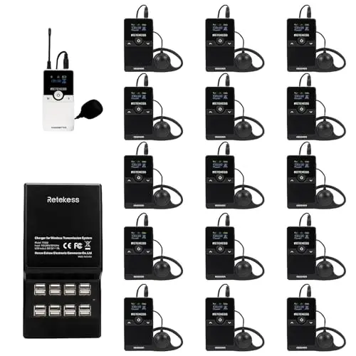 Retekess TT116 tour guide system with one transmitter and multiple small black receiver units.