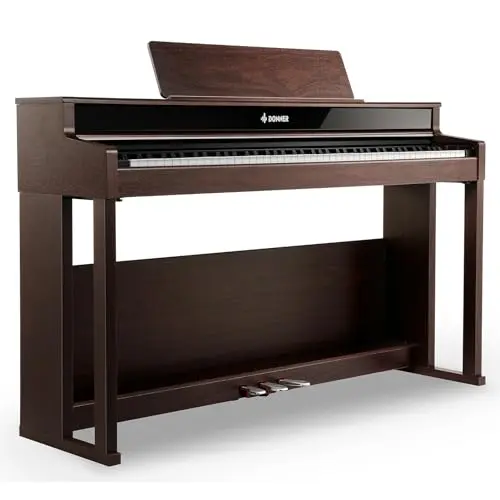 Donner DDP-400 brown upright-style digital piano with headphone