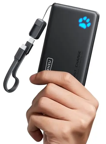 INIU slim black portable charger with attached USB-C cable